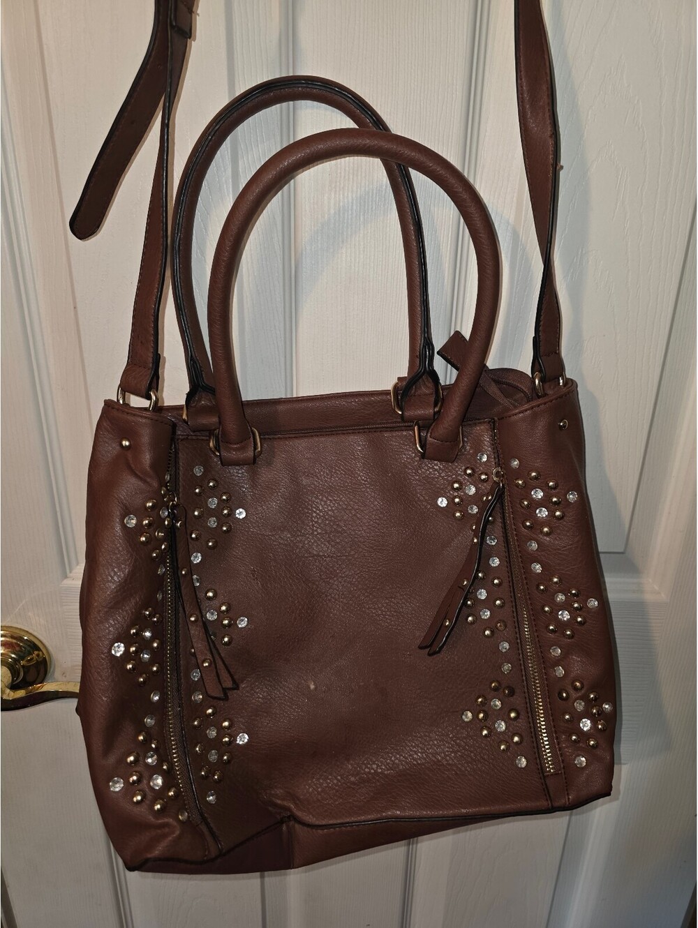 Brown studded tote bag